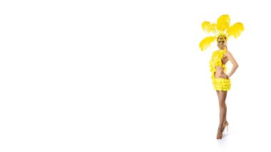 Karnaval içinde güzel bir genç kadın. Beyaz stüdyo arka planında tüyleri dans eden şık bir maskeli balo kostümü..