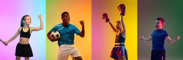 Retrato de jovens desportivos em neon gradiente estúdio fundo, colagem — Fotografia de Stock