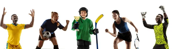 Portrait of young sportive people on white studio background, collage — Stock Photo, Image