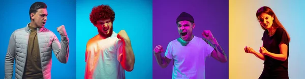 Portret van jonge vrolijke mensen op neon gradiënt studio achtergrond, collage — Stockfoto