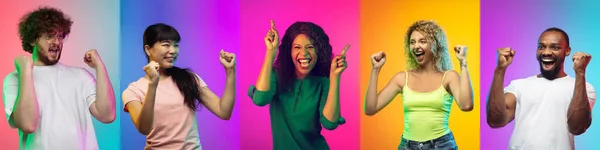 Portrait de jeunes gens joyeux sur fond de studio gradient néon, collage — Photo