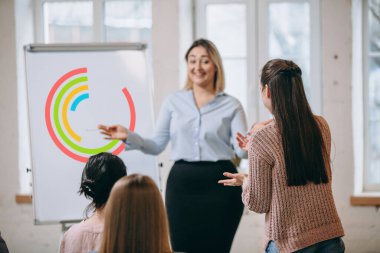 Kadın konuşmacı atölyede sunum yapıyor. Seyirci ya da konferans salonu. Tanınmayan katılımcıların arka görünümü.