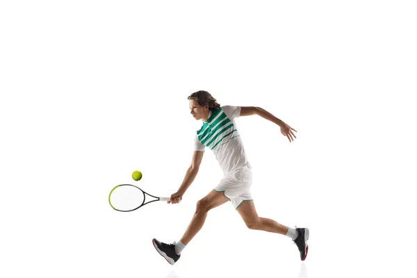 Young caucasian professional sportsman playing tennis isolated on white background — Stock Photo, Image