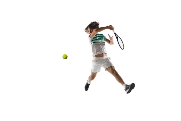 Young caucasian professional sportsman playing tennis isolated on white background — Stock Photo, Image