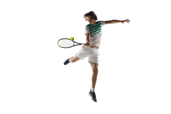 Young caucasian professional sportsman playing tennis isolated on white background — Stock Photo, Image