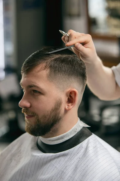 Close up of client of master barber, stylist during getting care of hairstyle. Professional occupation, male beauty concept — Stock Photo, Image