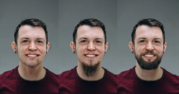 Collage de l'homme avant et après avoir visité le salon de coiffure, client ravi avec une différence de coupe de cheveux, moustache, barbe — Photo