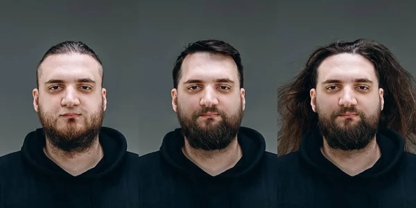 Collage de l'homme avant et après avoir visité le salon de coiffure, client ravi avec une différence de coupe de cheveux, moustache, barbe — Photo