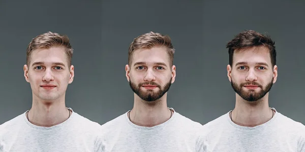 Collage del hombre antes y después de visitar la barbería, cliente encantado con corte de pelo diferencia, bigote, barba — Foto de Stock
