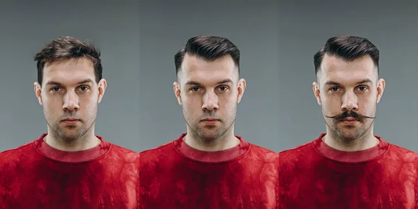 Kolase manusia sebelum dan setelah mengunjungi tukang cukur, senang klien dengan perbedaan potongan rambut, kumis, jenggot — Stok Foto