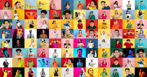 Collage of faces of emotional people on multicolored backgrounds. Expressive male and female models, multiethnic group, bright colors combination
