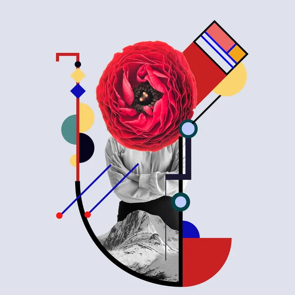 Sanat kolajı. Işık geometrik arka planda kırmızı çiçeğin başında genç bir kız. — Stok fotoğraf