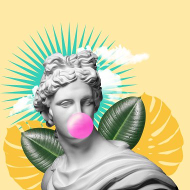 Antik heykeli olan modern kavramsal sanat posteri. Çağdaş sanatın kolajı.