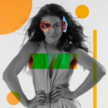 Farklı yüzlerden yapılmış genç kadın portresi, modern sanat kolajı. Yeni güzellik ve moda anlayışı, makyaj, saç stili..