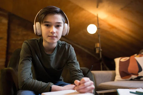 Little boy wearing headphones during online education course, lesson, view of screen