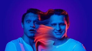 Yaratıcı anlamda akıl sağlığı kavramı. Değişik duyguları olan bir adam Renkli dalgalarla bağlanır.