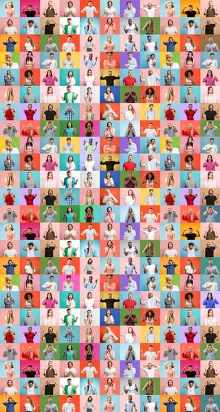 Collage of faces of surprised people on multicolored backgrounds. Happy men and women smiling. Human emotions, facial expression concept.