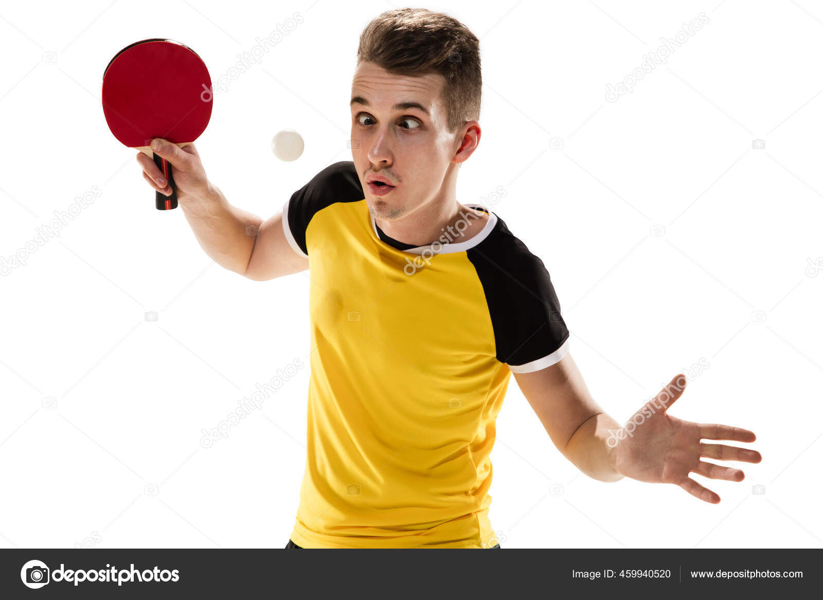 Emosi Lucu Dari Pemain Tenis Meja Profesional Terisolasi Di Latar Belakang Studio Putih Kegembiraan Dalam Permainan Stok Foto C Vova130555 Gmail Com 459940520