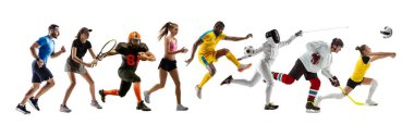 Farklı profesyonel sporculardan oluşan bir kolaj, beyaz arka planda izole edilmiş hareket ve harekete hazır insanlar. El ilanı.