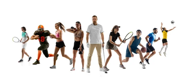Collage di diversi sportivi professionisti, in forma le persone in azione e il movimento isolato su sfondo bianco. Volantino. — Foto Stock