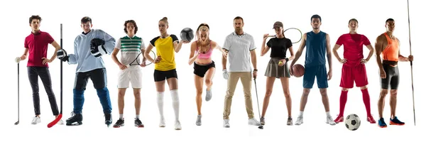 Collage verschiedener professioneller Sportler, fitte Menschen in Aktion und Bewegung isoliert auf weißem Hintergrund. Flyer. — Stockfoto