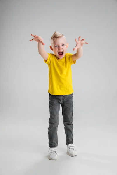 Lycklig pojke isolerad på vit studio bakgrund. Ser glad, glad, uppriktig ut. Kopieringsutrymme. Barndom, utbildning, känslor koncept — Stockfoto