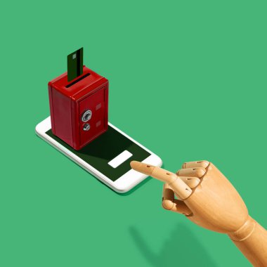 Yeşil arka planda yaratıcı modern ofis manzarası - büyük şeyler ve küçük işçiler. Ofis işleri, günlük işler, tipik sorunlar ve yaşam tarzı konsepti. Kolaj.