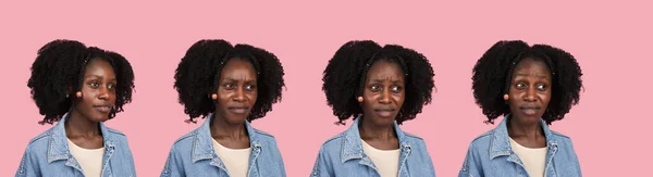 Afro-Amerikalı kadın portresi pembe stüdyo arka planında kopyalanmış. — Stok fotoğraf