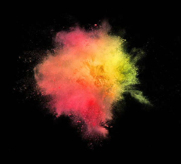 彩色、流体力学和嵌合粉末在黑色工作室背景上的爆炸 — 图库照片