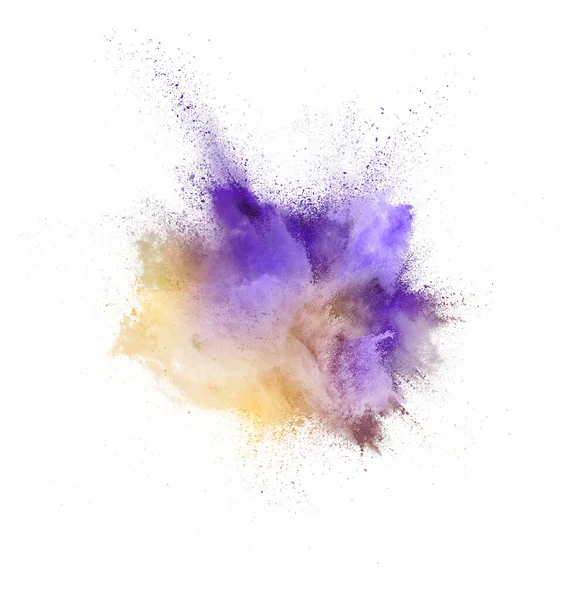 Explosion av färgat, vätska och neonerat pulver på vit studio bakgrund med copyspace — Stockfoto