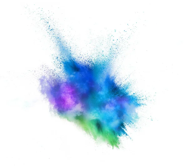 Explosion de poudre colorée, fluide et néonisée sur fond de studio blanc avec copyspace — Photo