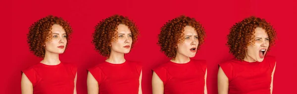 Evolução das emoções. Mulheres caucasianas retrato isolado sobre fundo estúdio vermelho com copyspace — Fotografia de Stock