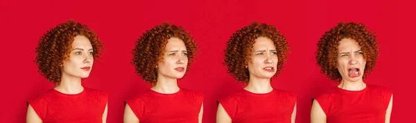 Evoluzione delle emozioni. Ritratto delle donne caucasiche isolato su sfondo rosso studio con copyspace — Foto Stock