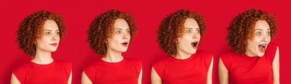 Evolución de las emociones. Caucásico mujeres retrato aislado sobre rojo estudio fondo con copyspace —  Fotos de Stock