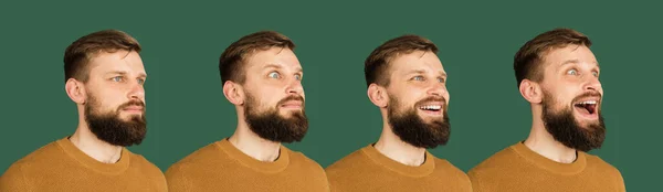 Evolución de las emociones. Caucásico mans retrato aislado sobre verde estudio fondo con copyspace — Foto de Stock