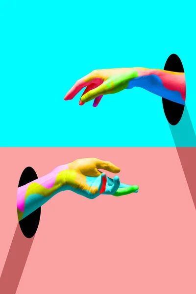 Colagem de arte contemporânea, design moderno. Humor de festa. Brilhantes mãos coloridas pegando uns aos outros. — Fotografia de Stock