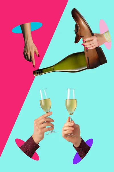 Contemporary art collage, modern design. Party mood. Hands pouring champagne in glasses on multicolored background — Stock Photo, Image