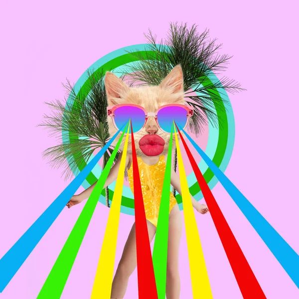 Colagem de arte contemporânea, design moderno. Humor de festa. Mulher de maiô amarelo encabeçada pela cabeça do gato, dançando em inundações multicoloridas. — Fotografia de Stock