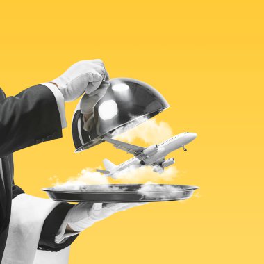 Çağdaş sanat kolajı, modern tasarım. Yaz havası. Garson sarı uçakla hava tatili yapıyor.