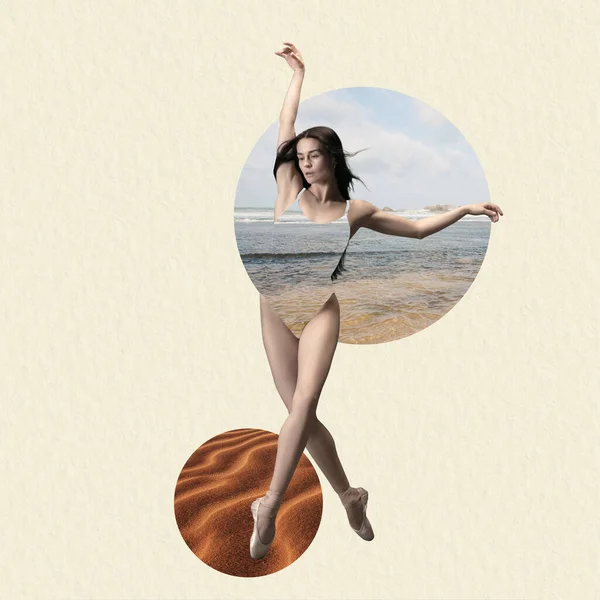 Collage d'art contemporain, design moderne. Humeur estivale. Tendre ballerine dansant sur fond géométrique avec mer et sable — Photo