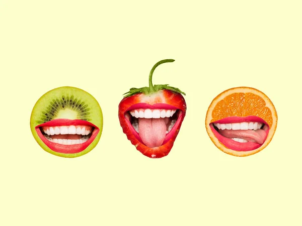Contemporary art collage, modern design. Summer mood. Juicy kiwi, strawberry and orange slices with female mouthes and lips on yellow — Stock Photo, Image