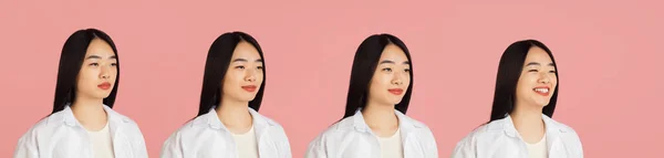 感情の進化。アジアの若い女性の肖像画ピンクのスタジオの背景に。人間の感情の概念,顔の表情,若者,販売,広告. — ストック写真