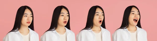 Evolutie van emoties. Aziatische jonge vrouwen portret op roze studio achtergrond. Concept van menselijke emoties, gezichtsuitdrukking, jeugd, verkoop, reclame. — Stockfoto