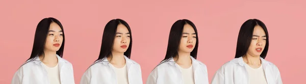 Evolutie van emoties. Aziatische jonge vrouwen portret op roze studio achtergrond. Concept van menselijke emoties, gezichtsuitdrukking, jeugd, verkoop, reclame. — Stockfoto