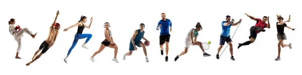 Collage di diversi sportivi professionisti, in forma le persone in azione e il movimento isolato su sfondo bianco. Volantino. — Foto Stock