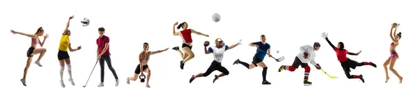 Collage verschiedener professioneller Sportler, fitte Menschen in Aktion und Bewegung isoliert auf weißem Hintergrund. Flyer. — Stockfoto