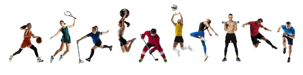 Collage di diversi sportivi professionisti, in forma le persone in azione e il movimento isolato su sfondo bianco. Volantino. — Foto Stock