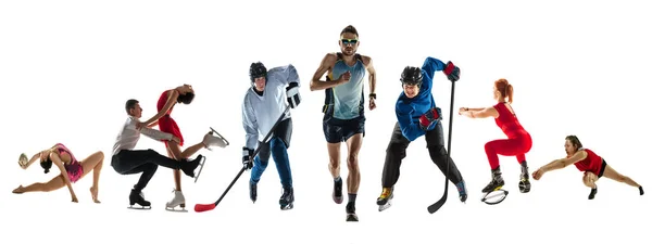 Collage de diferentes deportistas profesionales, aptos para personas en acción y movimiento aislados sobre fondo blanco. Volante. — Foto de Stock