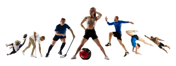 Collage di diversi 6 sportivi professionisti, adatti alle persone in azione e al movimento isolato su sfondo bianco. Volantino. — Foto Stock