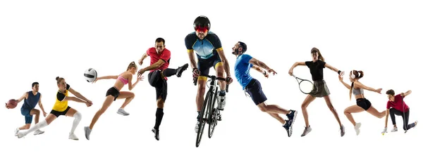 Collage di diversi sportivi professionisti, in forma le persone in azione e il movimento isolato su sfondo bianco. Volantino. — Foto Stock